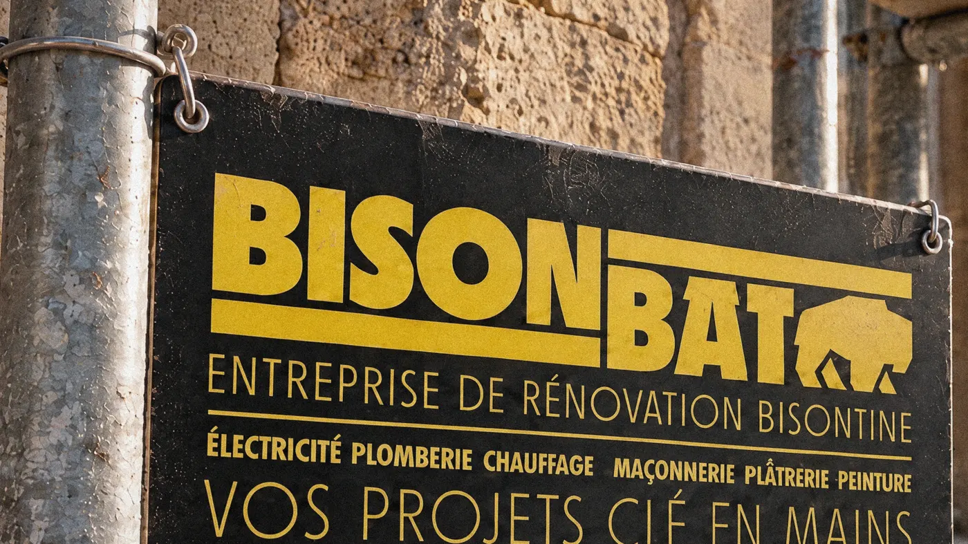Le panneau de chantier BisonBât sur un échafaudage